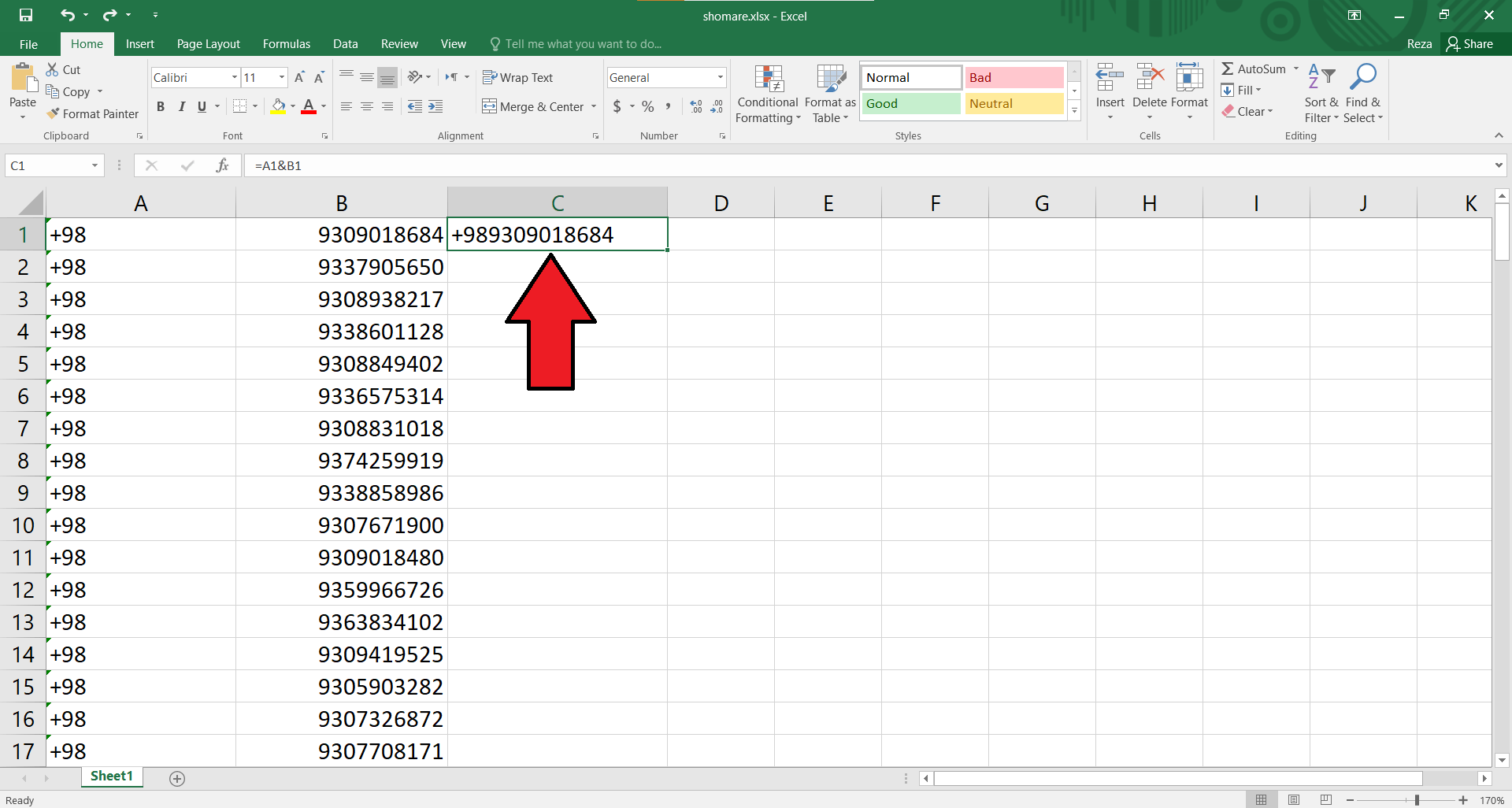 اضافه کردن +98 به ابتدای شماره موبایل