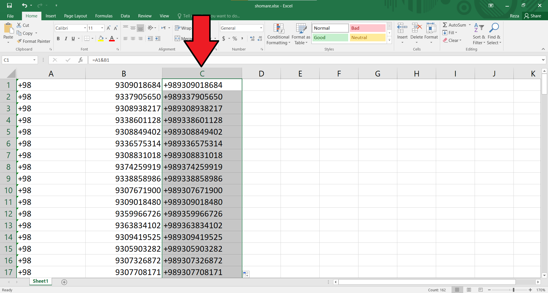 اضافه کردن +98 با اکسل
