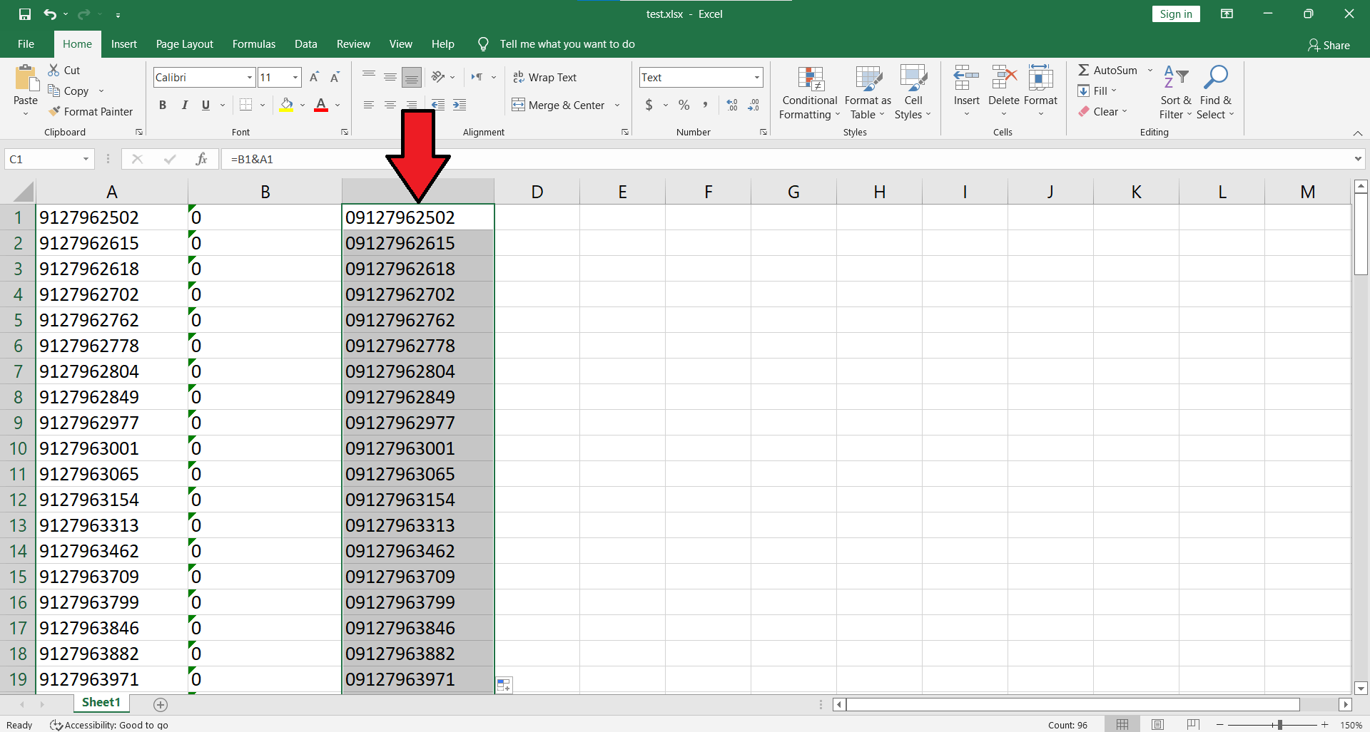 ایجاد عدد 0 در اول لیستب از شماره موبایل ها با اکسل
