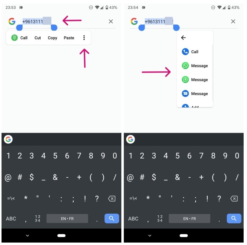 روش انتخاب متن برای ارسال پیام در واتساپ بدون ذخیره کردن شماره موبایل مخاطب