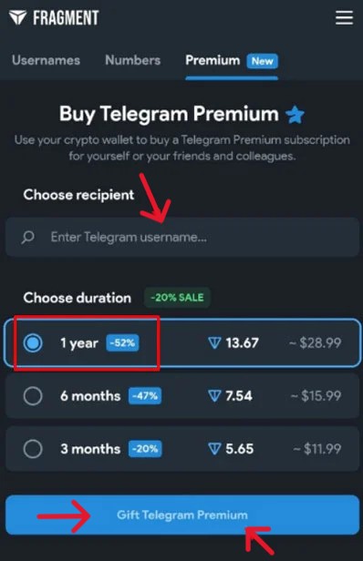 فعالسازی تلگرام پرمیوم از طریق سایت Fragment